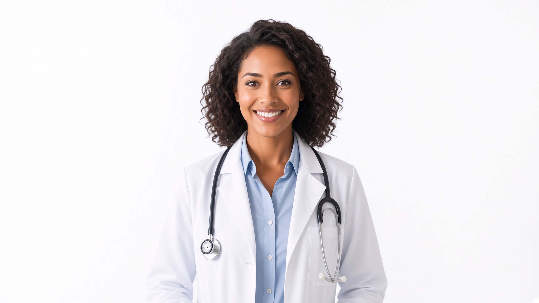 Smiling nurse in a white lab coat holding a clipboard